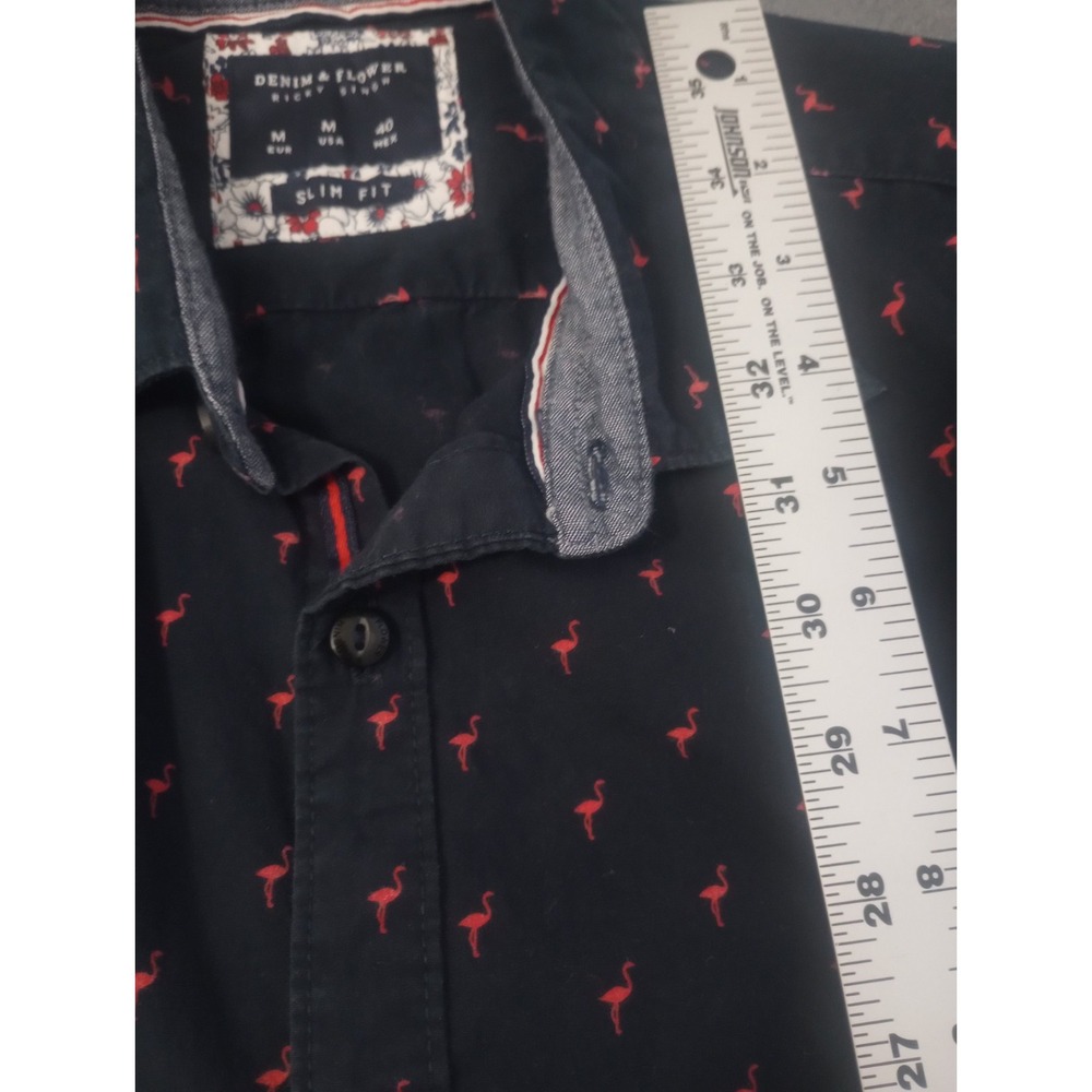Denim & Flower Ricky Singh Mens M Navy Slim Fit Flamingo Print Button Up Shirt